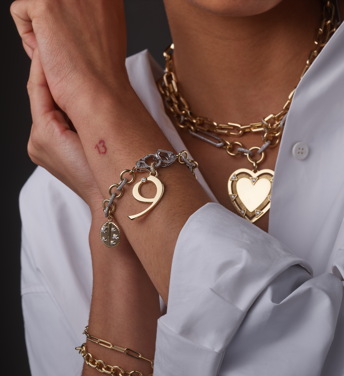 Midsized Mixed Link Diamond Pave Bracelet with Sister Hooks in 18K