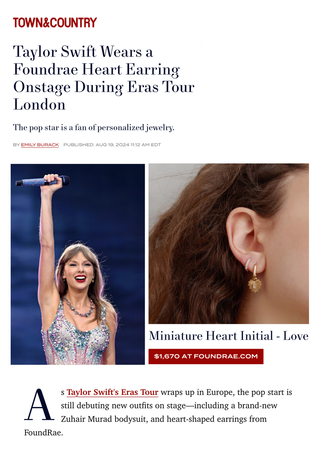 Town & Country - Taylor Swift Wears a Foundrae Heart Earring Onstage During Eras Tour London - August 2024