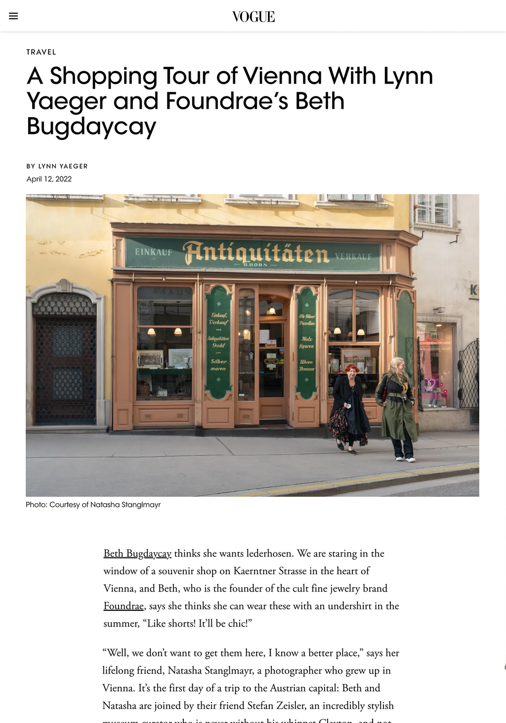 Vogue - A Shopping Tour of Vienna With Lynn Yaeger and FoundRae's Beth Bugdaycay, Apr 2022