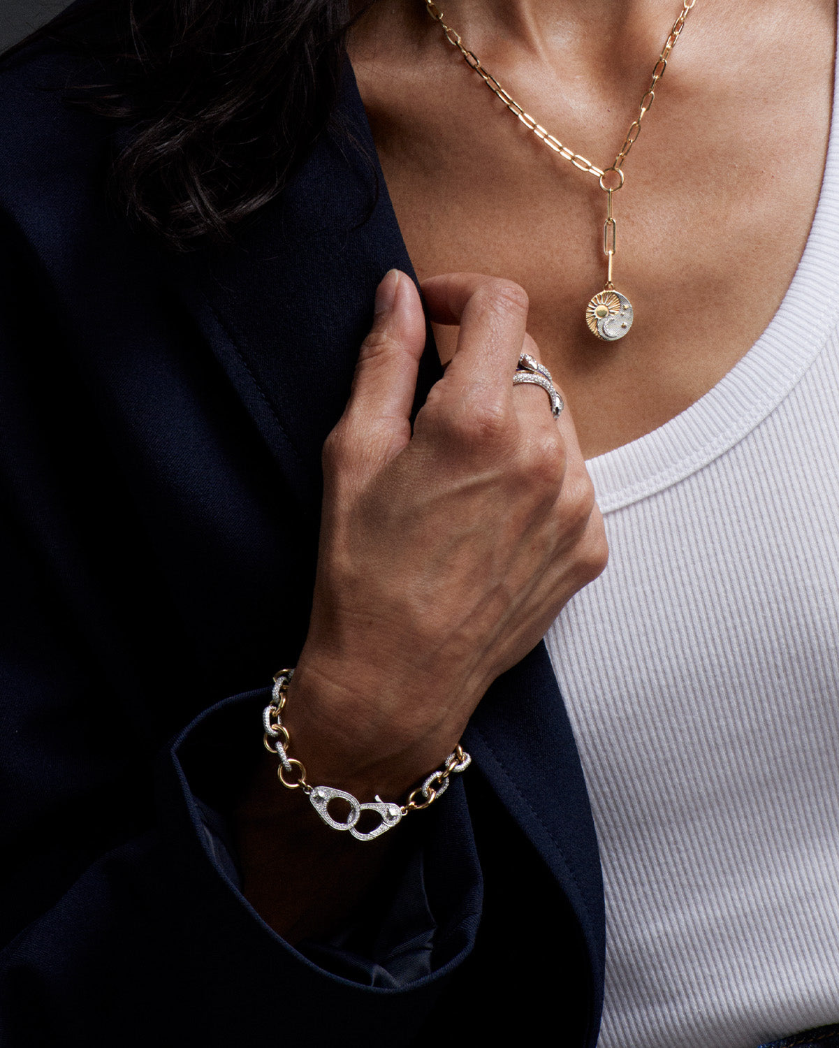 Midsized Mixed Link Diamond Pave Bracelet with Sister Hooks in 18K