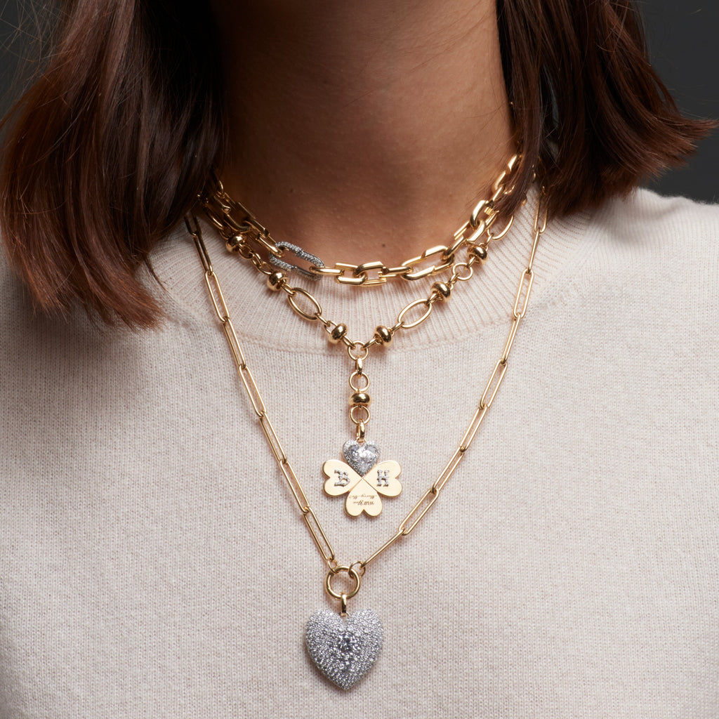 18K Yellow Gold Personalized - True Love | Custom Diamond Four Heart Clover Large Pendant | Diamonds, Yellow Gold – FoundRae view 3