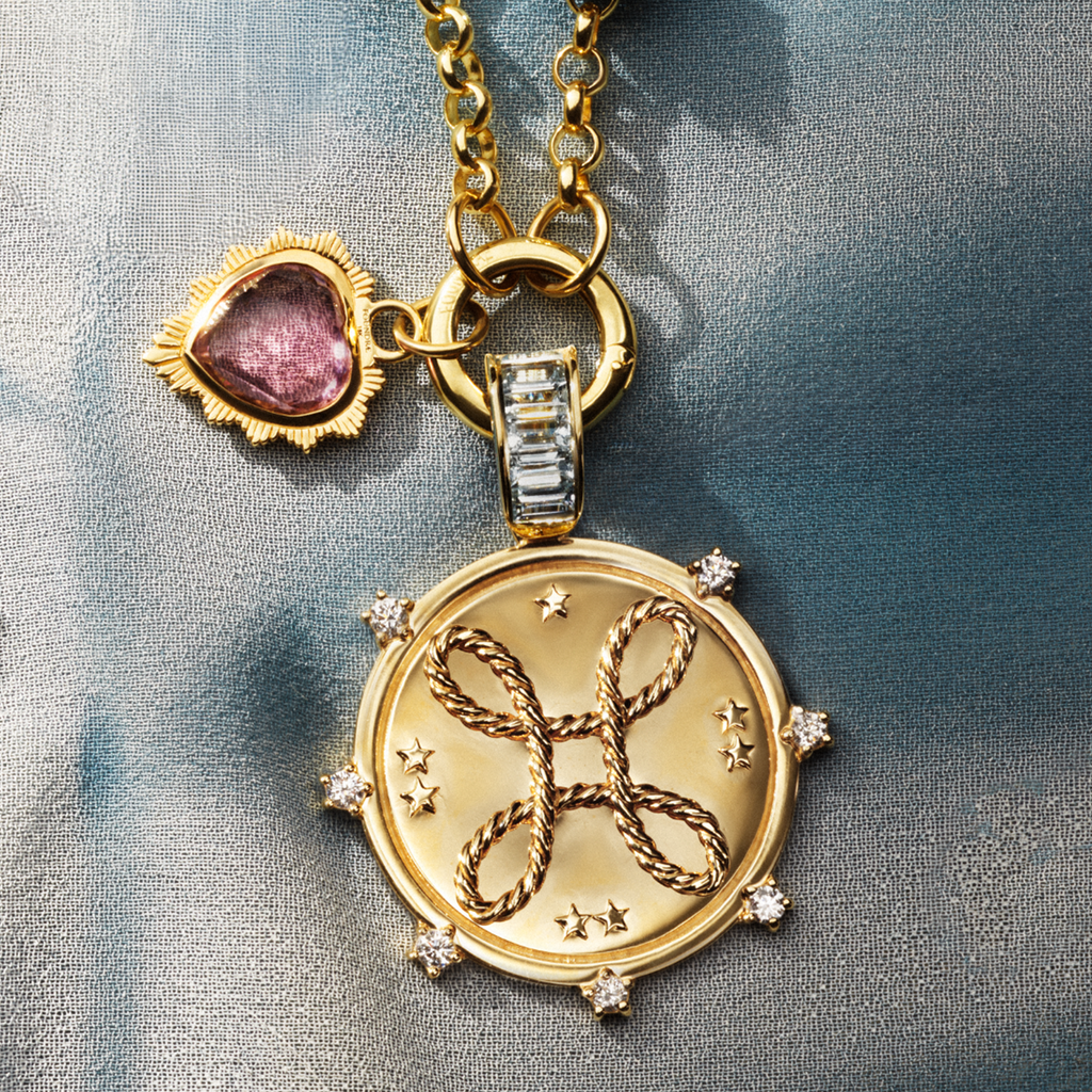 True Love and Heart Beats Medium Belcher Open Chain Necklace : in Yellow Gold with Diamonds and Pink Tourmaline view 2
