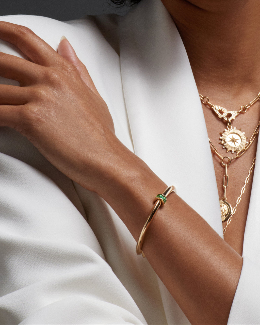 18K Yellow Gold Baguette Tsavorite - Love : Heart Beat Strong Heart Bangle – FoundRae view 2