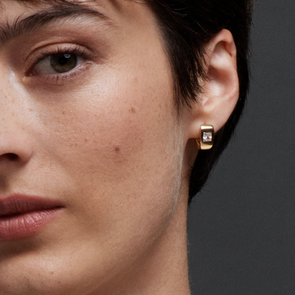 18K Yellow Gold Princess Cut Diamond - Love : Gemstone Huggie Earring – FoundRae view 4