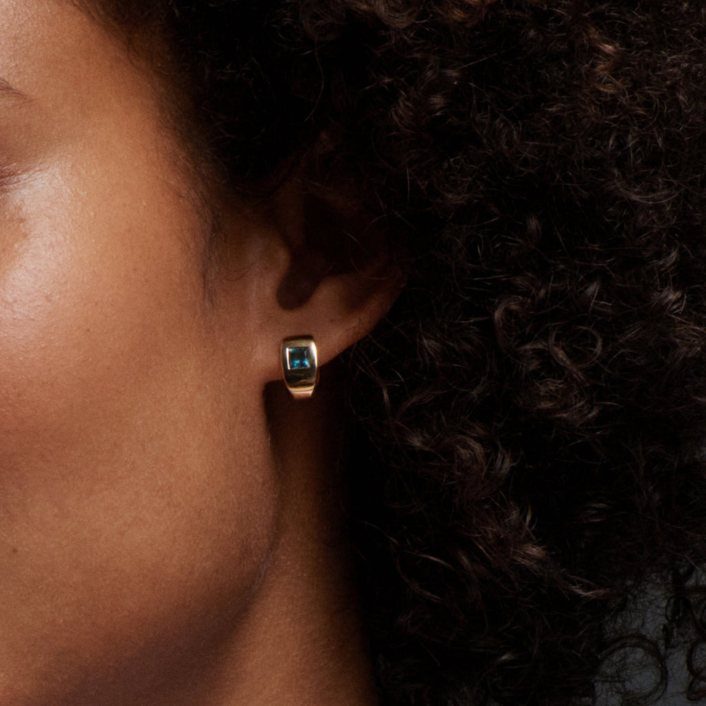 18K Yellow Gold Princess Cut Swiss Blue Topaz - Love : Gemstone Huggie Earring – FoundRae view 3