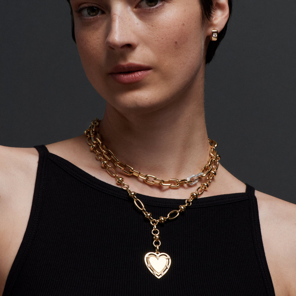 18K Yellow Gold Heart Engravable Oversized Medallion : in Yellow Gold with Diamonds and an Annex Link – FoundRae view 2