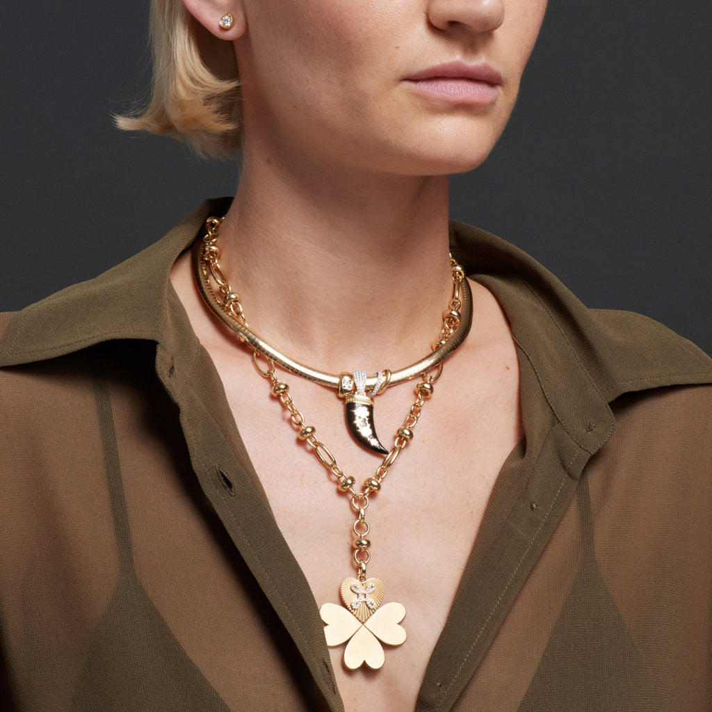 Four Heart Clover Love Knot Orbit Extension Necklace : in Yellow Gold with Pave Diamonds view 2