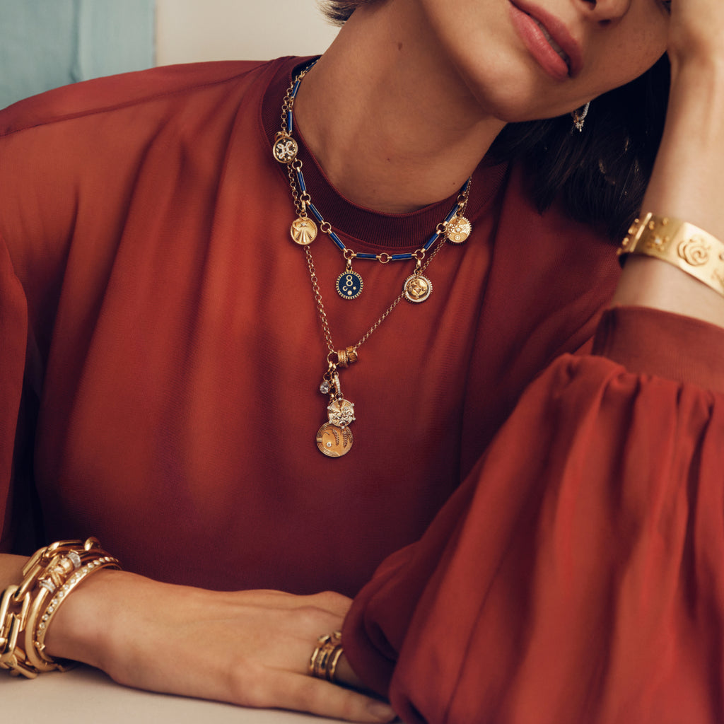 18K Yellow Gold Infinite Gratitude | Karma and Multi-Tenet Element Necklace | Diamonds, Lapis, Blue Ceramic, Yellow Gold – FoundRae view 4
