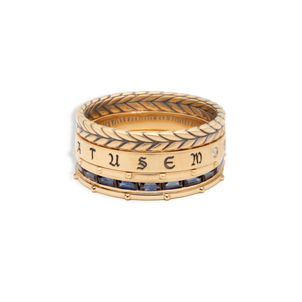 True Love - Infinite Gratitude | Lovestruck Pierced and Braided Wheat Ring Stack | Blue Sapphire, Diamonds, Yellow Gold