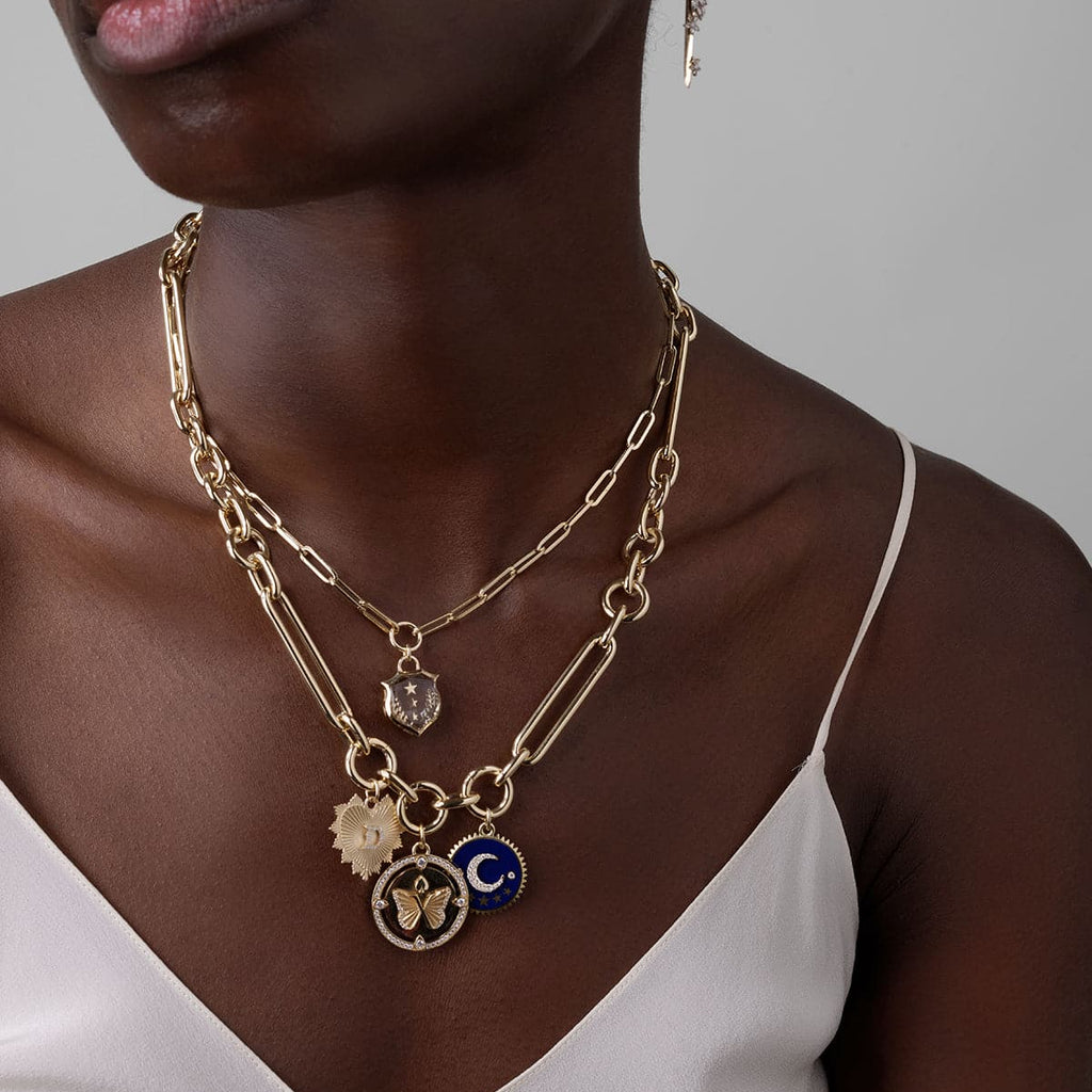 Crescent Blue Ceramic Medium Medallion : in Yellow Gold with Diamonds and an Annex Link view 2