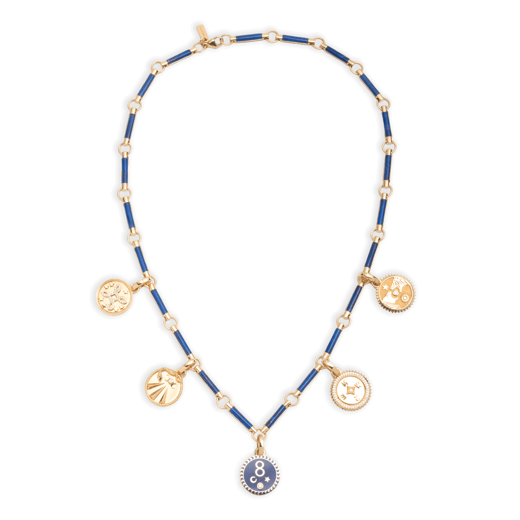 18K Yellow Gold Infinite Gratitude | Karma and Multi-Tenet Element Necklace | Diamonds, Lapis, Blue Ceramic, Yellow Gold – FoundRae view 3