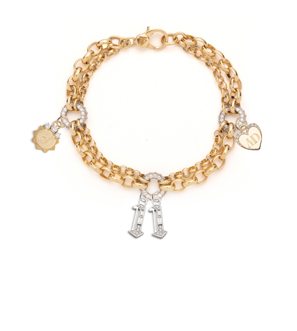 Numbers, Engravable & Pave Heart Festoon Chain Bracelet : in Yellow Gold with Diamonds view 1