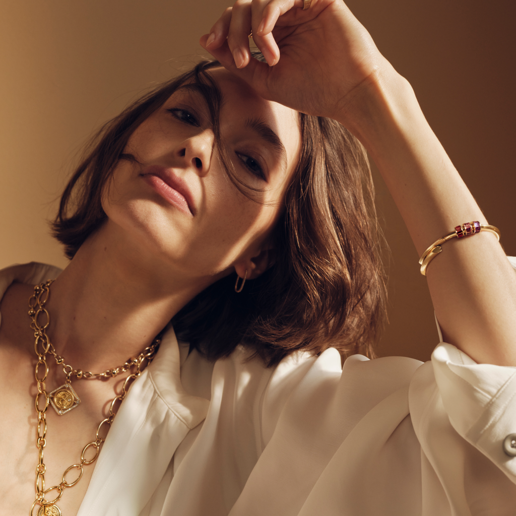 Baguette Heart Beats Strong Heart Bangle : in Yellow Gold with Garnet, Pink Tourmaline, and Amethyst view 2