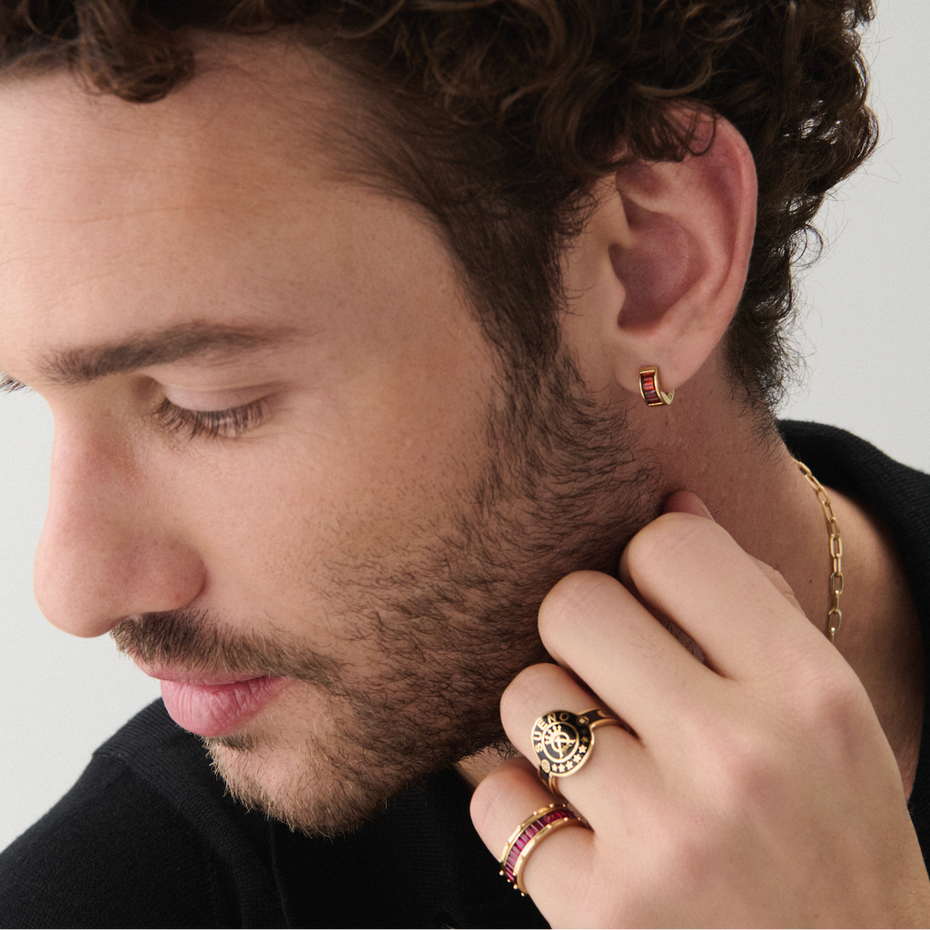 True Love | Baguette Huggie Earring | Garnet, 18K Yellow Gold view 2