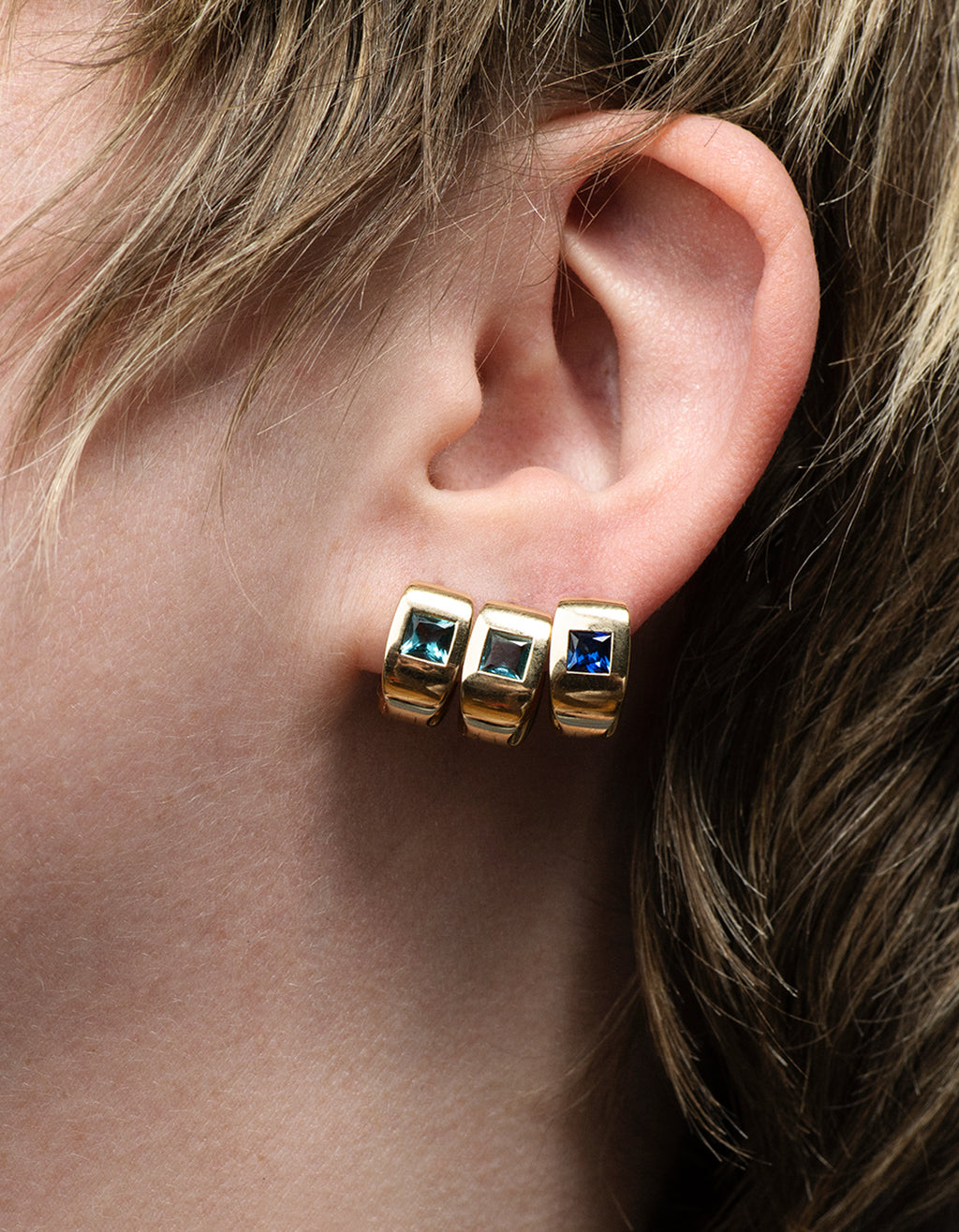 Princess Cut Blue Sapphire - Love : Gemstone Huggie Earring view 2