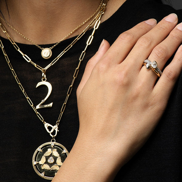 Engravable Number '2' Oversized Pendant : in Yellow Gold with Diamond and an Annex Link