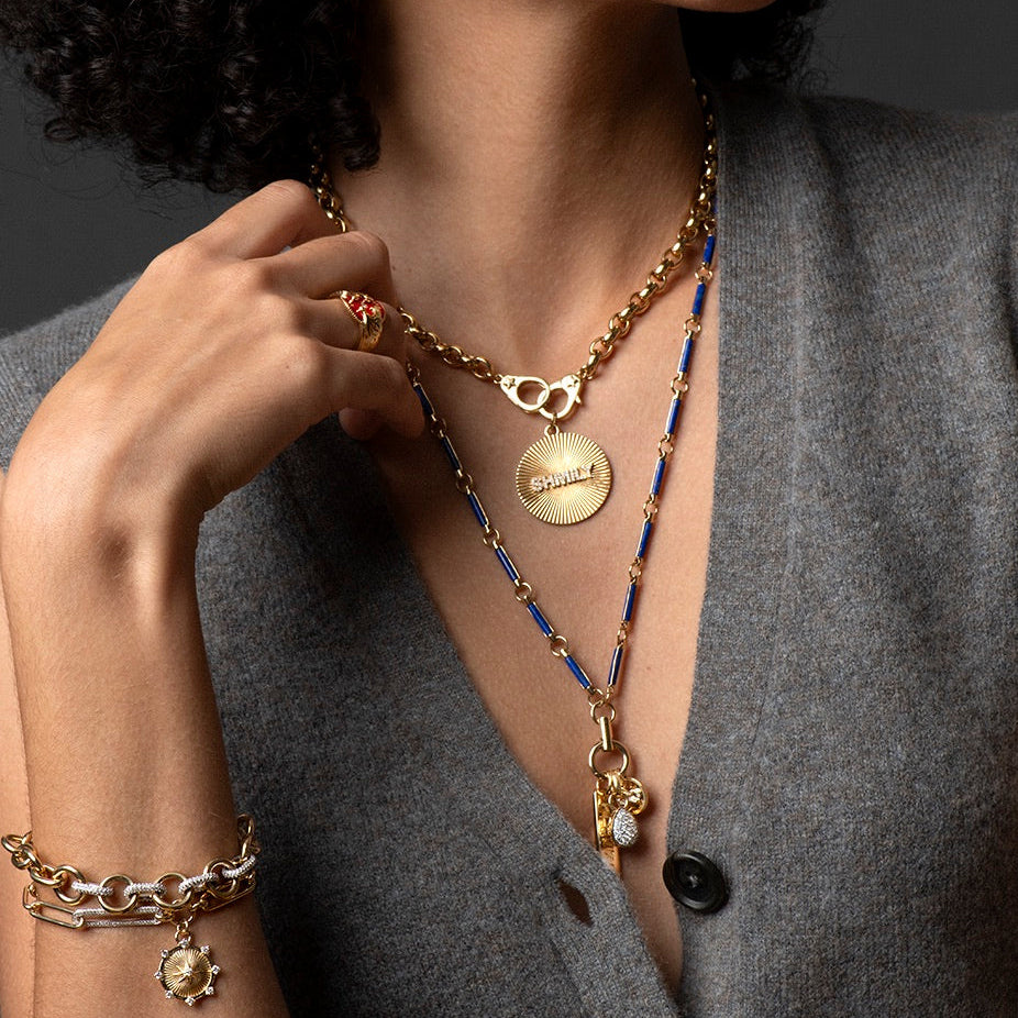 True Love Custom Clean Edge Medallion : in Yellow Gold with Pave Diamonds and an Annex Link view 2