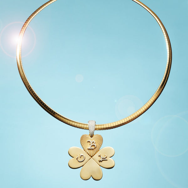 Personalized - True Love | Custom Four Heart Clover Medium Sleek Collar Necklace | Diamonds, Yellow Gold
