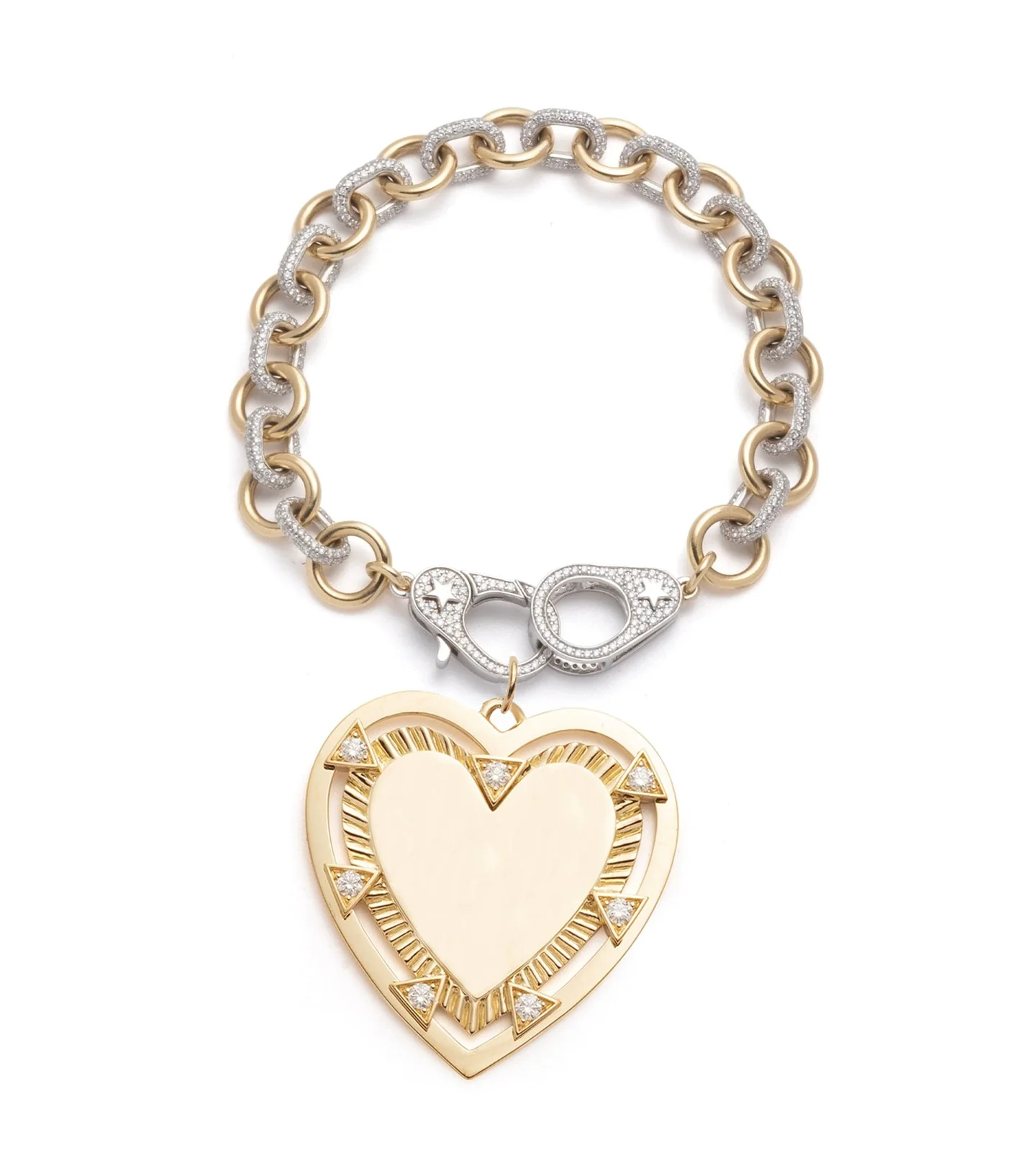 Midsized Mixed Link Pave Bracelet with Oversized Engravable Heart Medallion