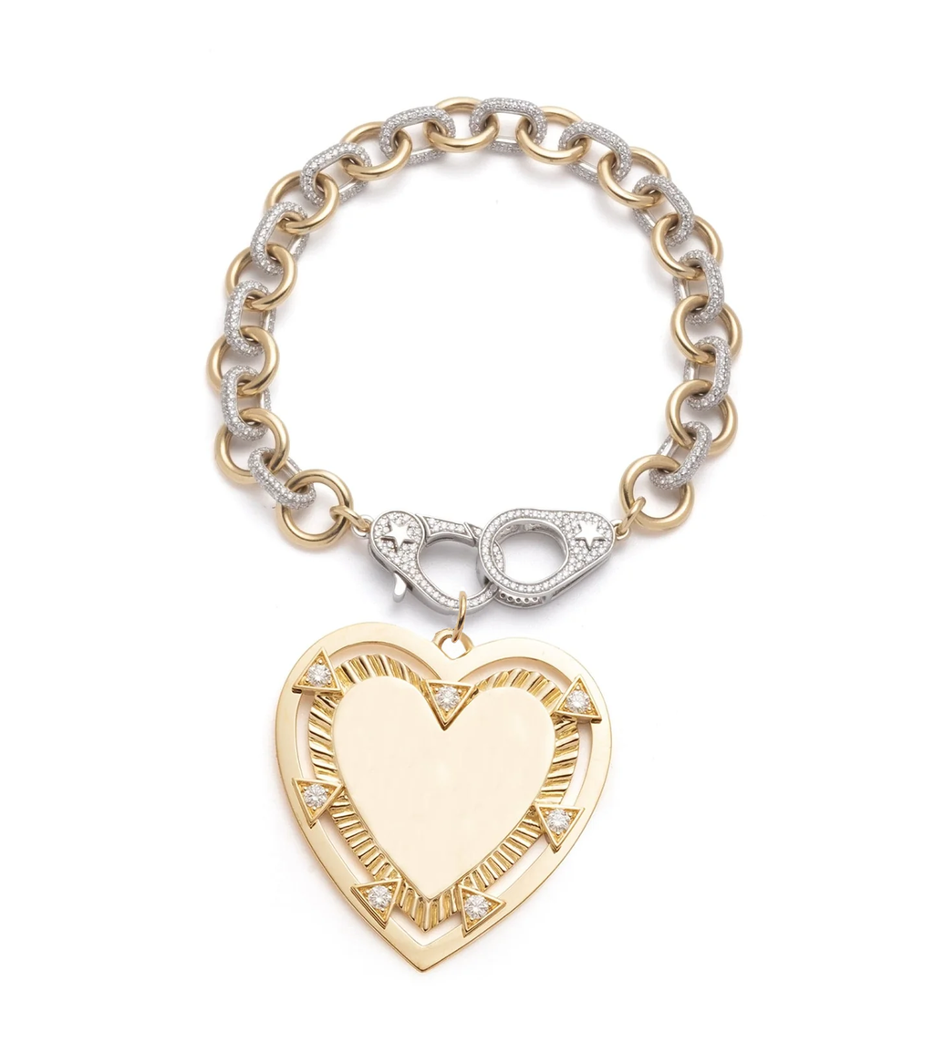 18K Yellow Gold Midsized Mixed Link Pave Bracelet with Oversized Engravable Heart Medallion – FoundRae