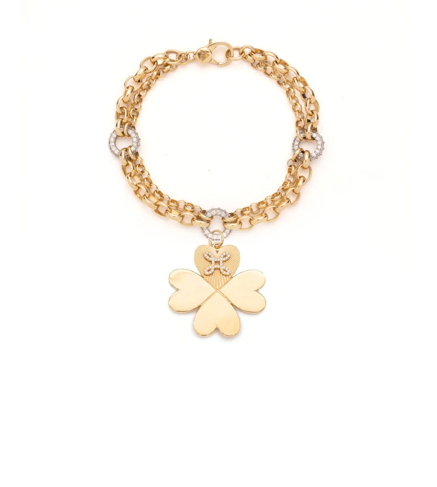 Four Heart Clover with Pave True Love Knot : Heavy Mixed Belcher Diamond Bracelet