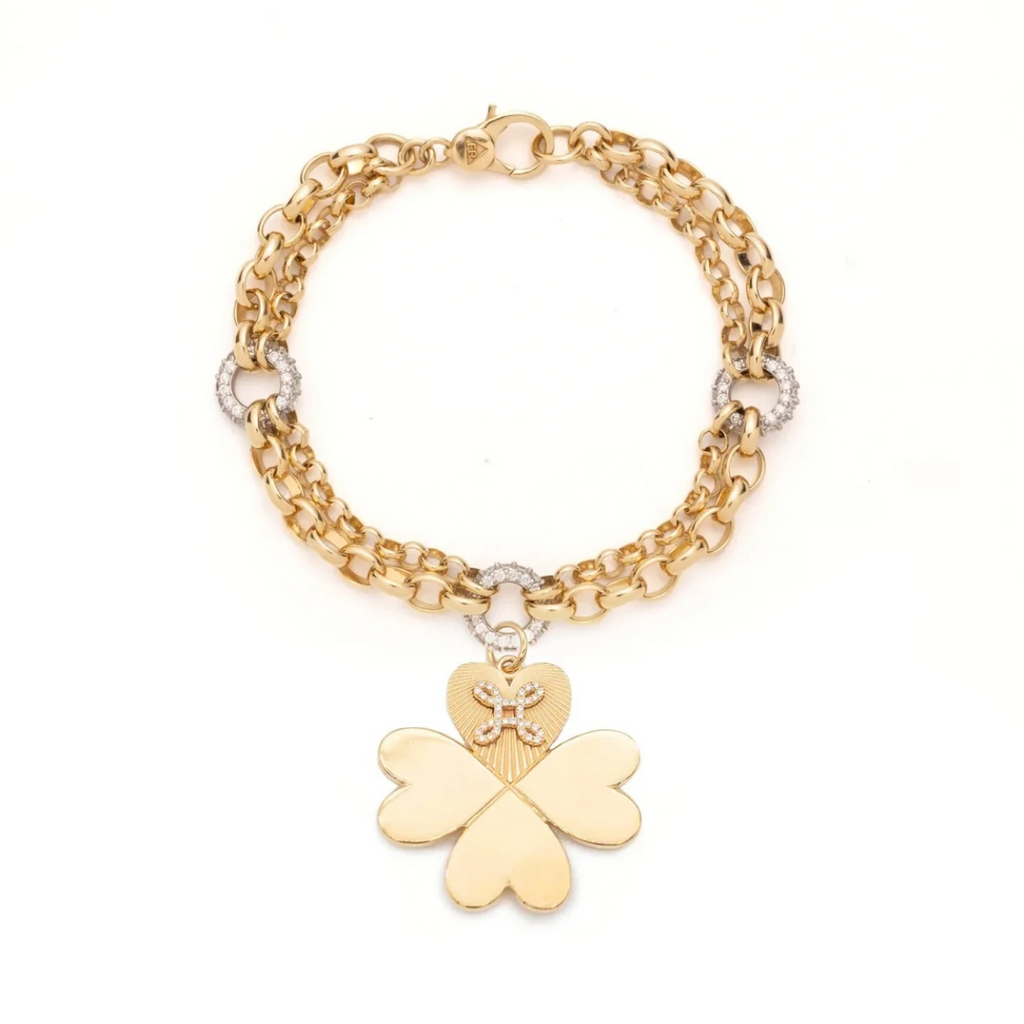Four Heart Clover with Pave True Love Knot Festoon Chain Bracelet : in Yellow Gold with Diamonds view 1