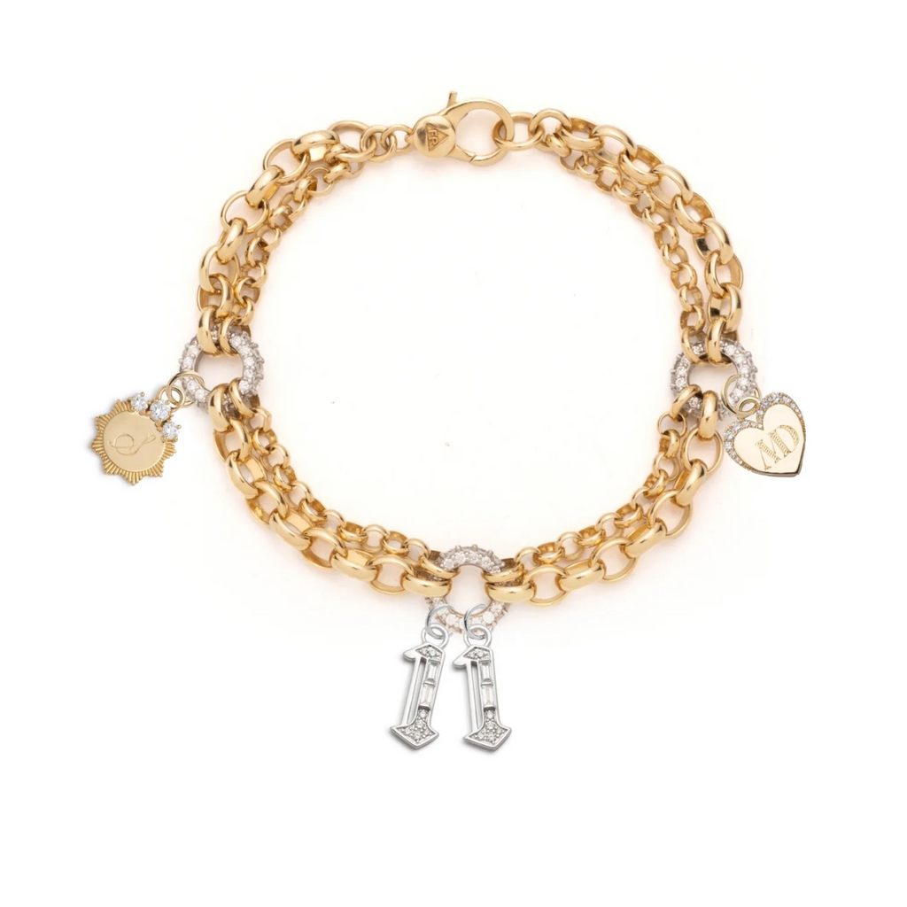 Numbers, Engravable & Pave Heart Festoon Chain Bracelet : in Yellow Gold with Diamonds view 1
