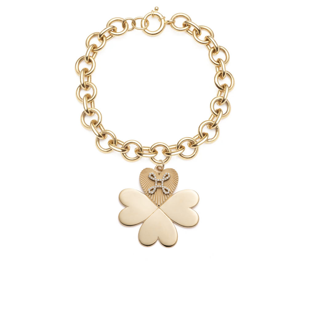 Four Heart Clover Midsized Mixed Link Bracelet : in Yellow Gold with Diamonds view 1