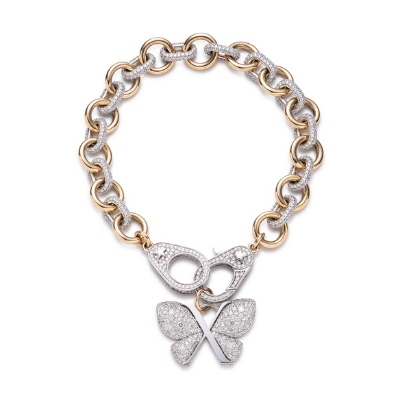 Snow Pavé Diamond Butterfly Midsized Mixed Link Sister Hook Bracelet : in Mixed Gold