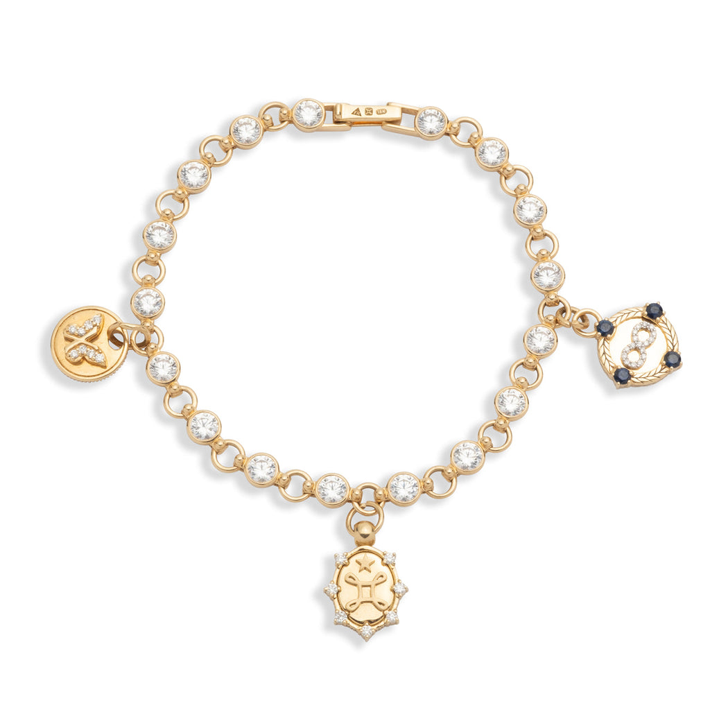 True Love and Infinity Diamond Link Rivière Bracelet Story : in Yellow Gold with Diamonds and Blue Sapphire view 1