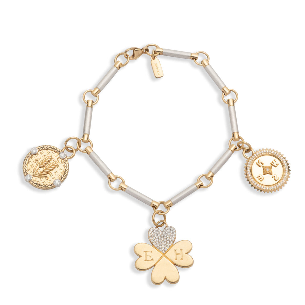 Four Heart Clover and Infinite Gratitude Element Bracelet Story : in Mixed Gold with Diamonds view 1