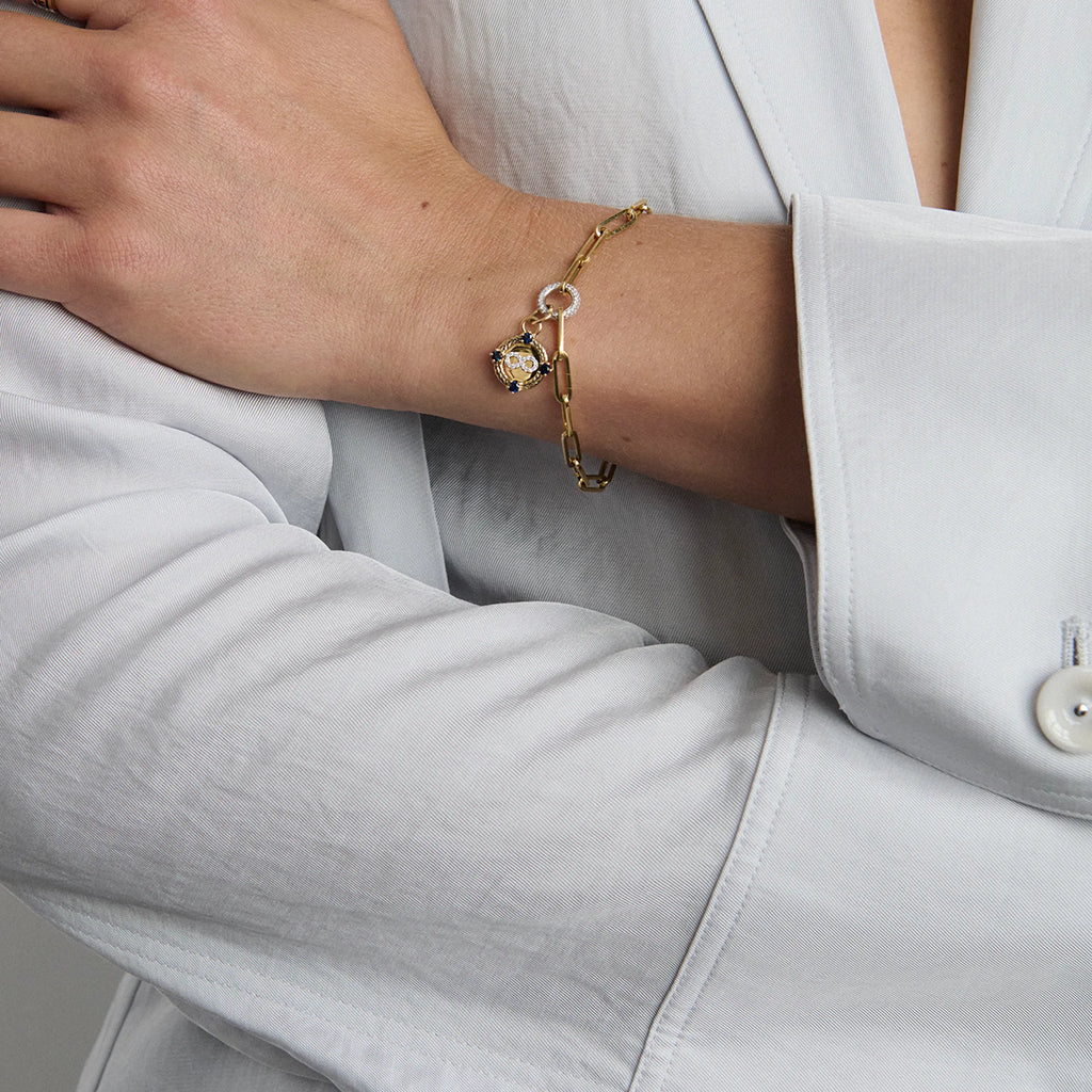 Infinite Gratitude | Infinity Braided Wheat Medium Clip Bracelet | Blue Sapphire, Diamonds, Yellow Gold view 2