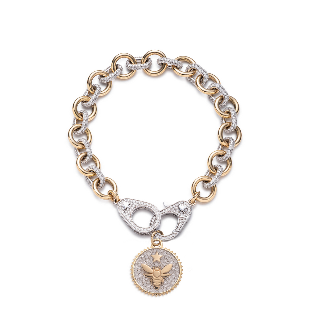Bee – FoundRae X Every Mother Counts Midsize Mixed Link Sister Hook Bracelet : in Mixed Gold with Diamonds view 1