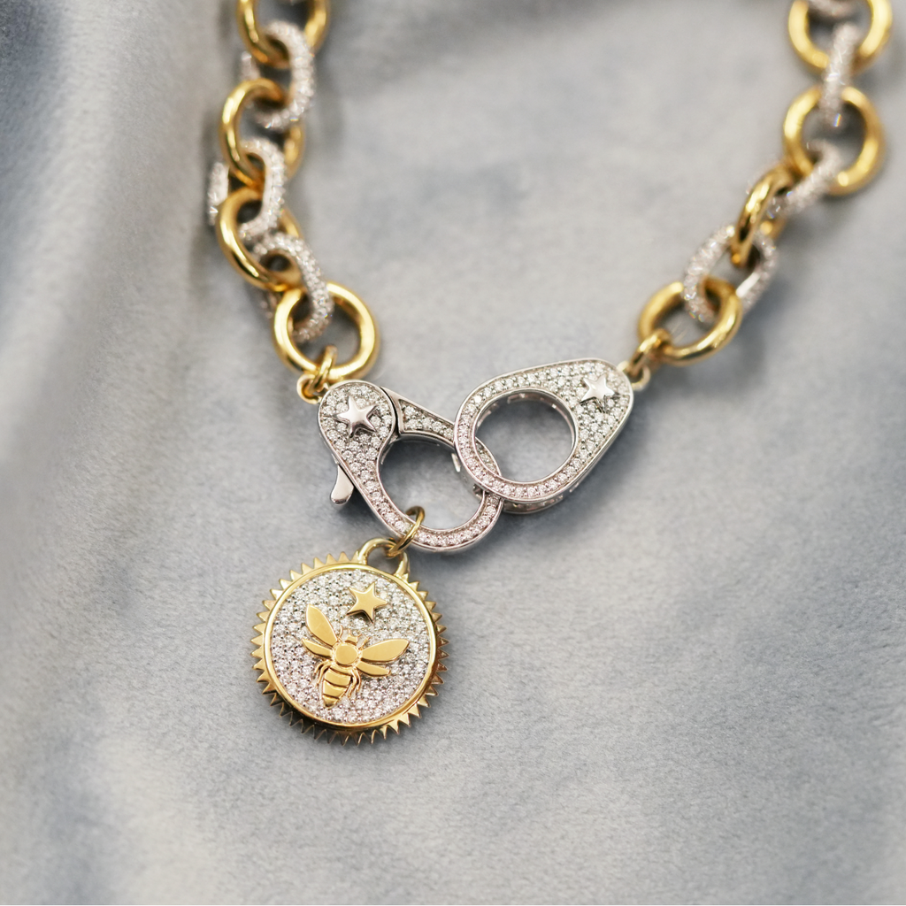 Bee – FoundRae X Every Mother Counts Midsize Mixed Link Sister Hook Bracelet : in Mixed Gold with Diamonds view 2