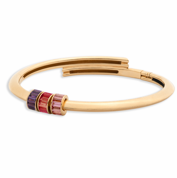 Baguette Heart Beats Strong Heart Bangle : in Yellow Gold with Garnet, Pink Tourmaline, and Amethyst
