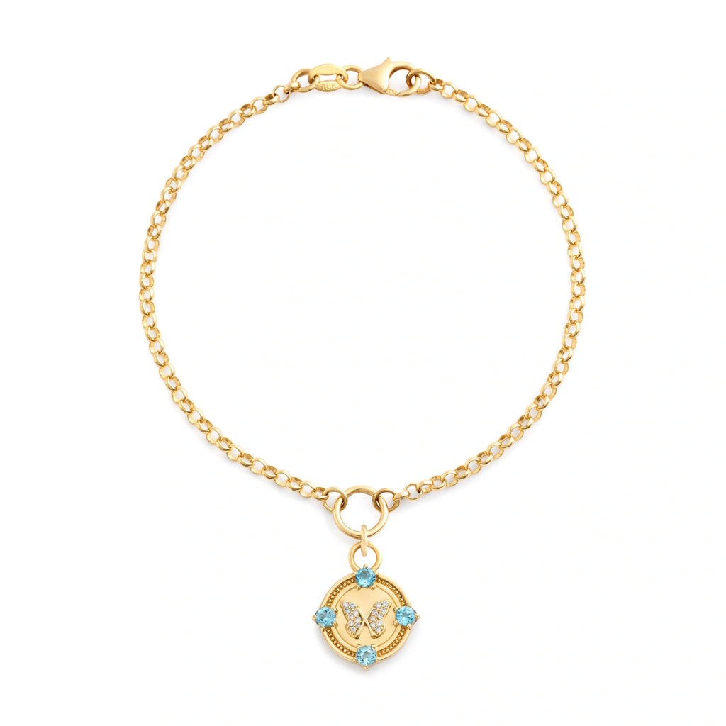 Reverie | Butterfly Small Belcher Bracelet | Swiss Blue Topaz, Diamonds, Yellow Gold view 1
