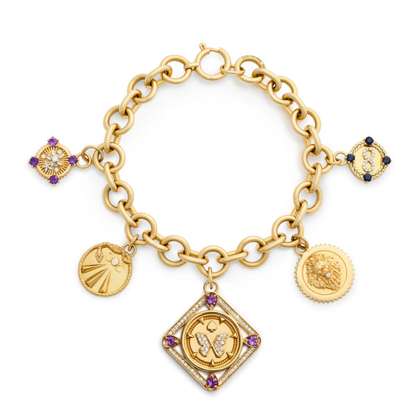 Reverie | Framed Butterfly Midsized Mixed Link Charmed Bracelet | Amethyst, Diamonds, Blue Sapphire, Yellow Gold