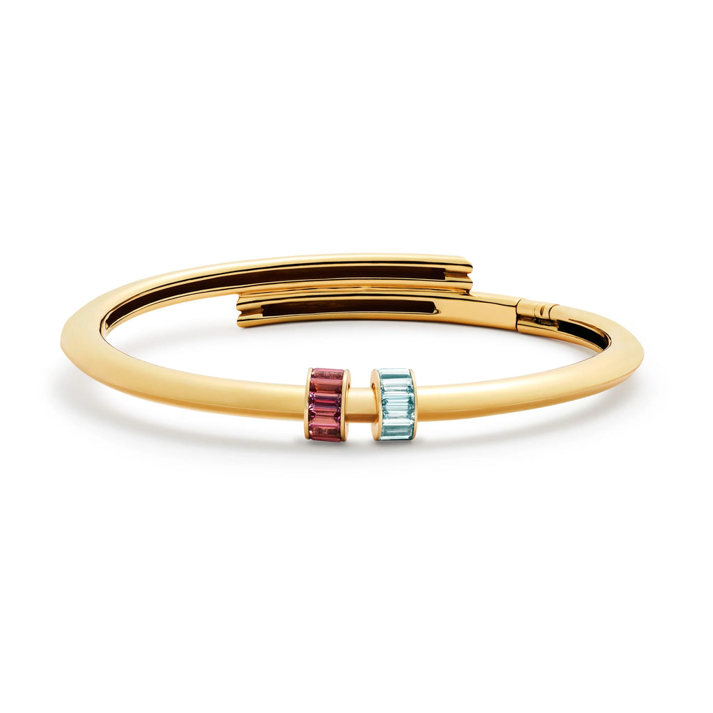 18K Yellow Gold True Love | Two Baguette Strong Heart Bangle | Pink Tourmaline, Aquamarine, Yellow Gold – FoundRae view 3