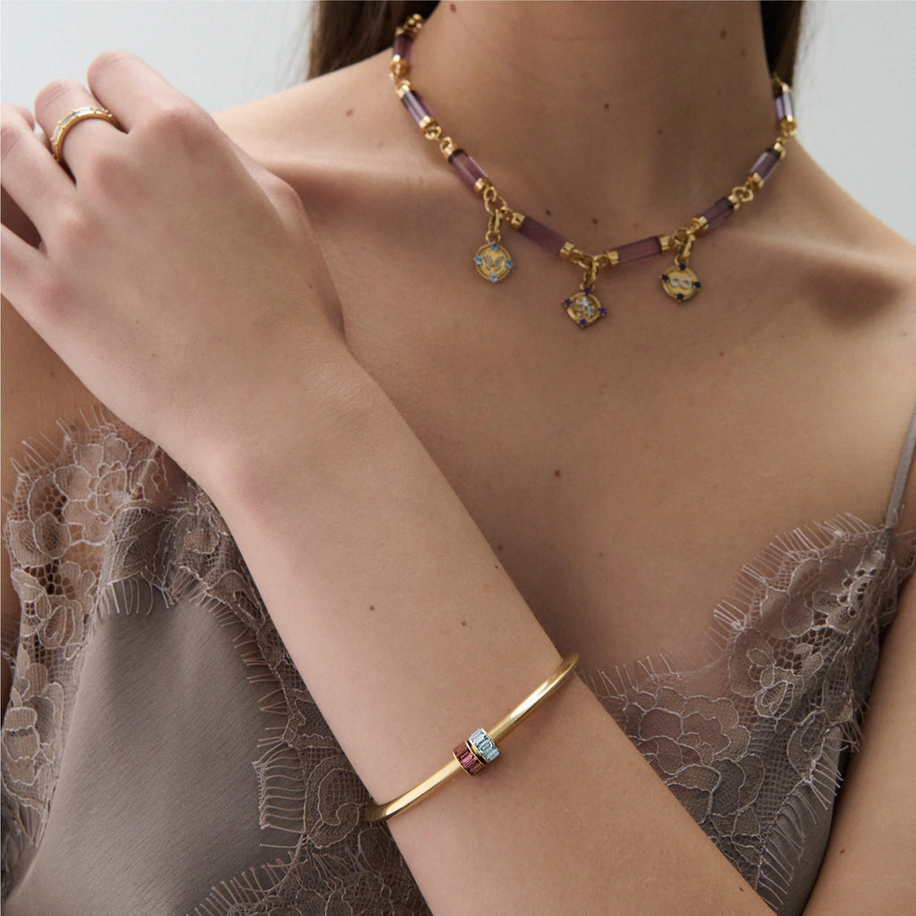 True Love | Two Baguette Strong Heart Bangle | Pink Tourmaline, Aquamarine, Yellow Gold view 2