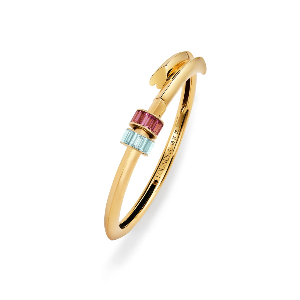 True Love | Two Baguette Strong Heart Bangle | Pink Tourmaline, Aquamarine, Yellow Gold view 1