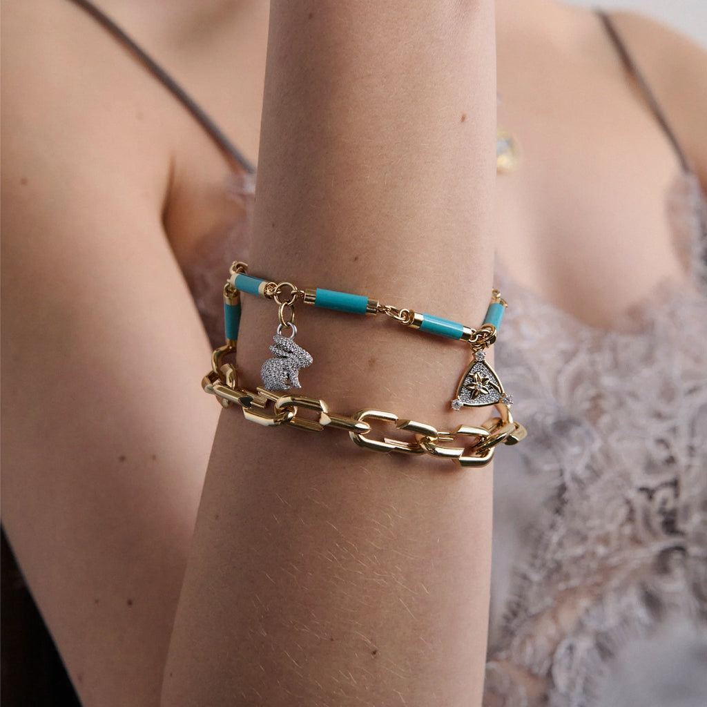 Resilience - True Love | Blossoms and Pavé Bunny Ceramic Element Bracelet | Aqua Ceramic, Diamonds, Mixed Gold view 2
