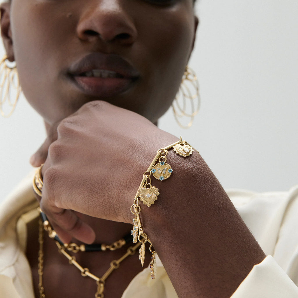 Resilience - True Love | Pavé Sparrow and Heart Love Token Element Bracelet | Aqua Ceramic, Multi-Stone, Mixed Gold view 2