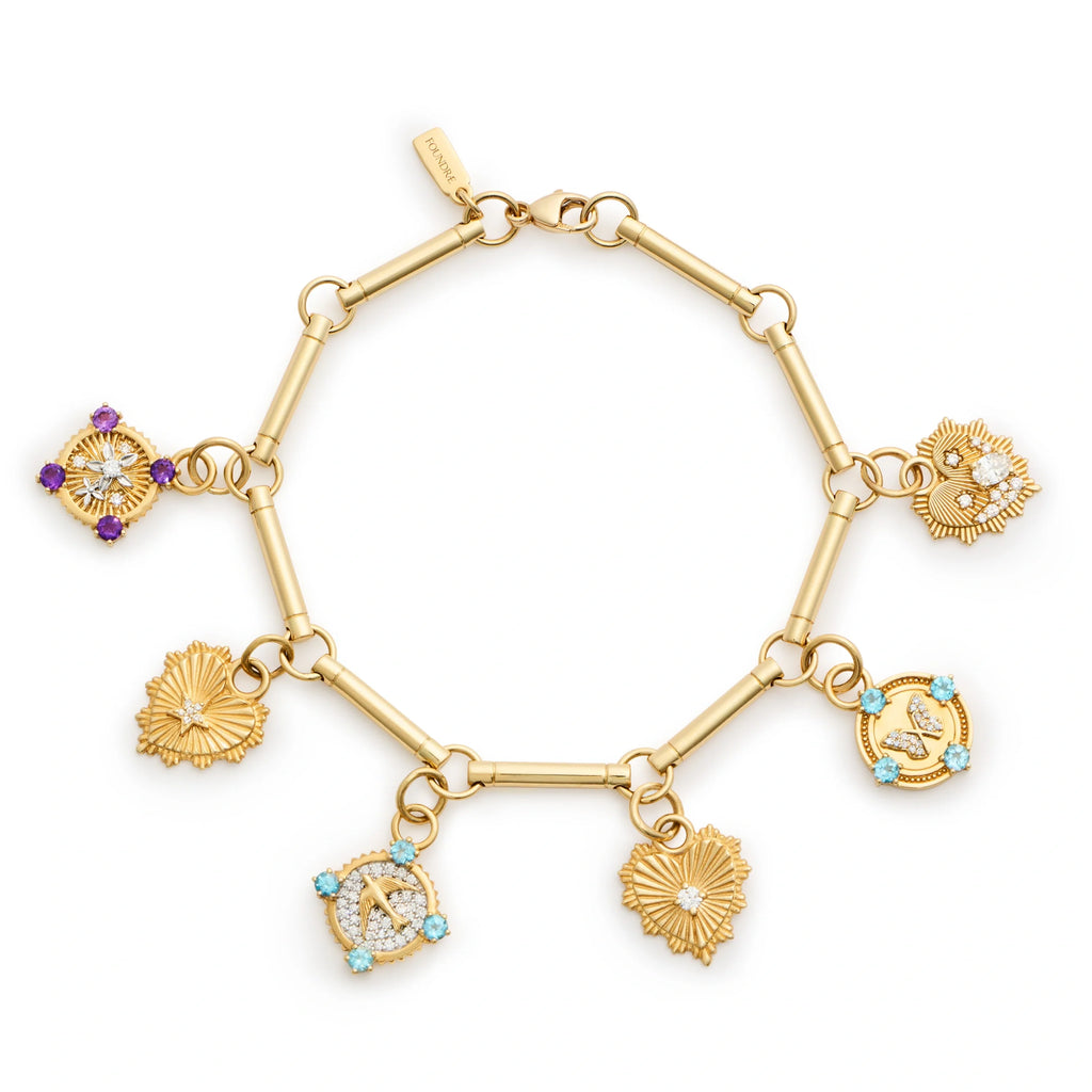 Resilience - True Love | Pavé Sparrow and Heart Love Token Element Bracelet | Aqua Ceramic, Multi-Stone, Mixed Gold view 1