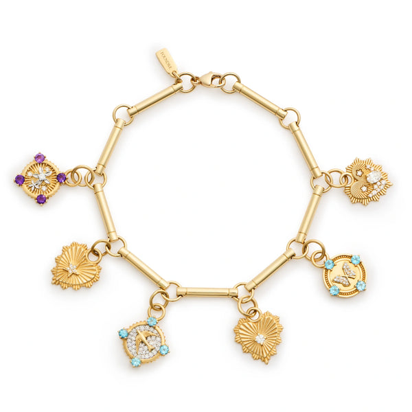 Resilience - True Love | Pavé Sparrow and Heart Love Token Element Charm Bracelet | Aqua Ceramic, Multi-Stone, Mixed Gold