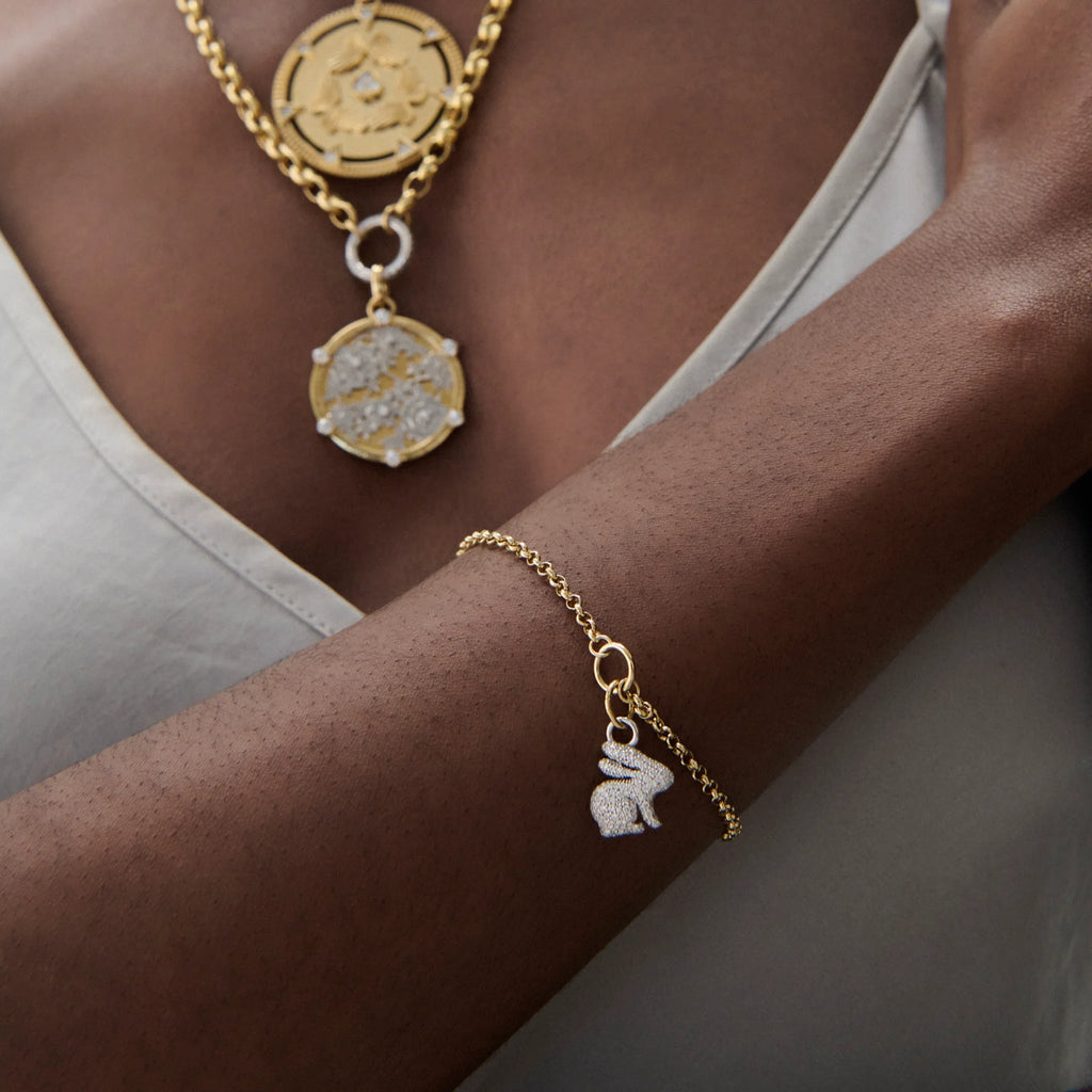 True Love | Snow Pavé Bunny Small Belcher Bracelet | Diamonds, White Gold, Yellow Gold view 2