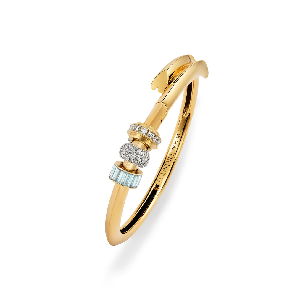 True Love | Pavé Orbit and Baguette Strong Heart Bangle | Diamonds, Aquamarine, Mixed Gold view 1
