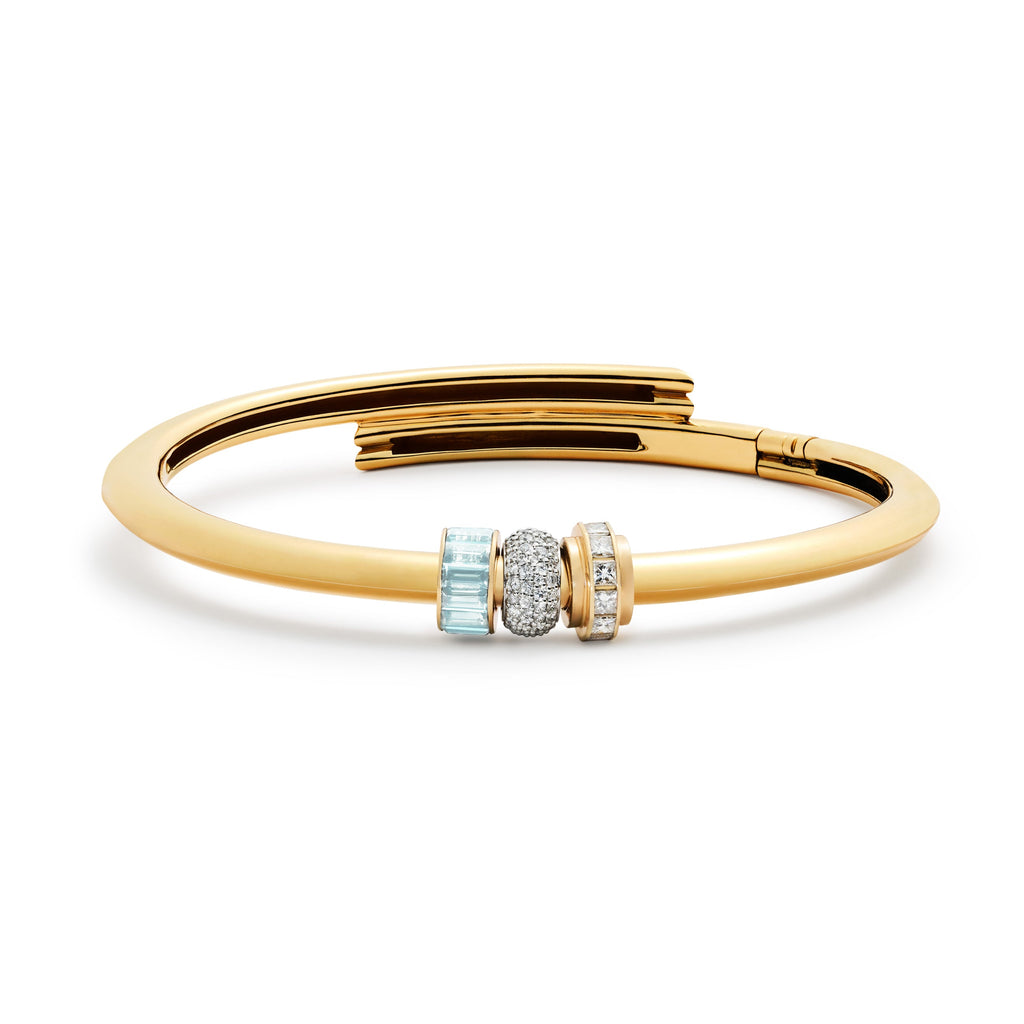 18K Mixed Gold True Love | Pavé Orbit and Baguette Strong Heart Bangle | Diamonds, Aquamarine, Mixed Gold – FoundRae view 3