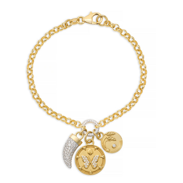 Reverie - Infinite Gratitude | Butterfly and Braided Wheat Medium Belcher Charm Bracelet | Diamonds, Mixed Gold