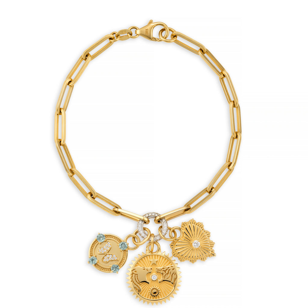Strength - True Love | Solar & Lunar and Heart Love Token Medium Clip Charm Bracelet | Diamonds, Swiss Blue Topaz Yellow Gold view 1