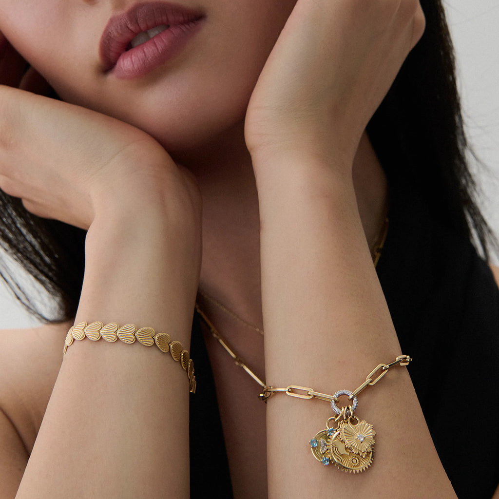 Strength - True Love | Solar & Lunar and Heart Love Token Medium Clip Charm Bracelet | Diamonds, Swiss Blue Topaz Yellow Gold view 2